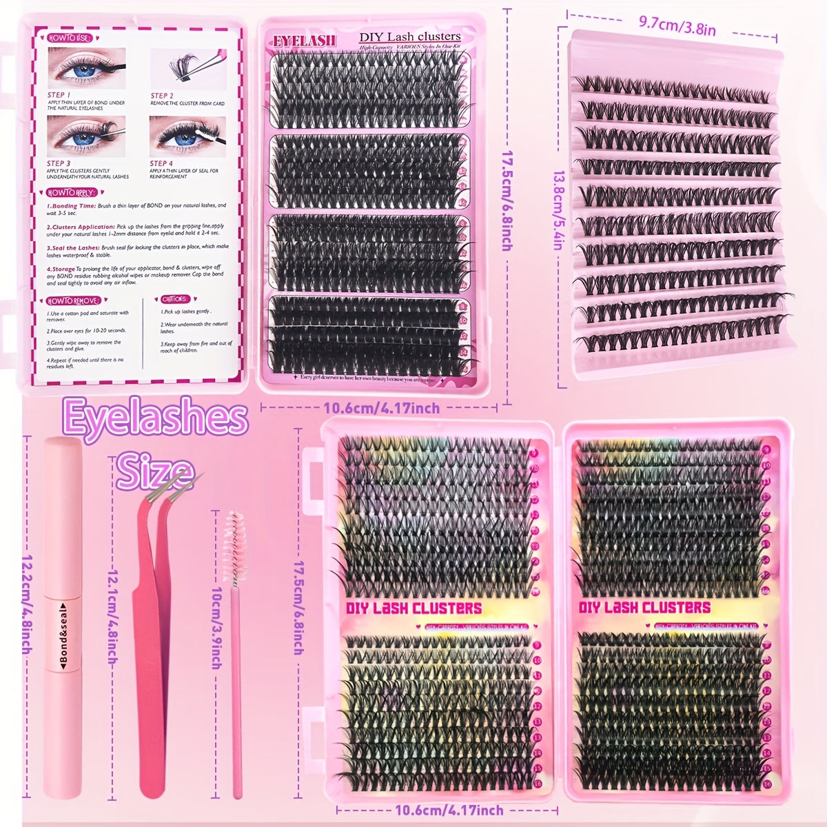 DIY lash extension kit with D curl individual lashes. Contains 200/400/800pcs of lash clusters for fuller, longer lashes. Can be reused.