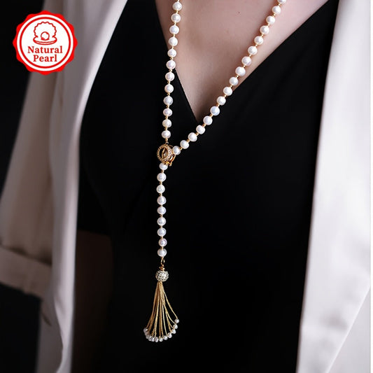 Difei Women's Fashion Pearl Necklace - 85cm/4-9mm Natural Freshwater Pearl Sweater Chain - Gift Box Included - Perfect for Gifting - Each Necklace is Unique with Natural Pearls - Variations in Shapes, Colors, and Patterns