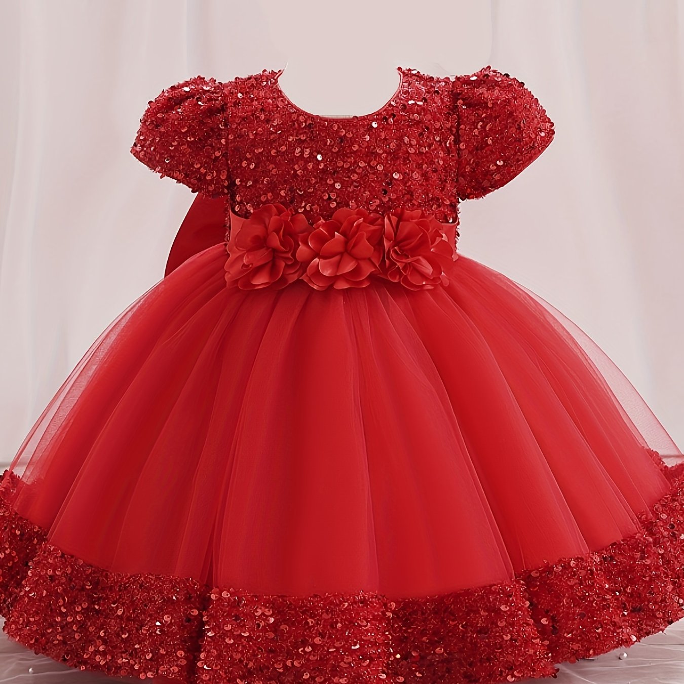 Sparkling gown dress with 3D flower decor and sequins, perfect for weddings, birthdays, and parties.