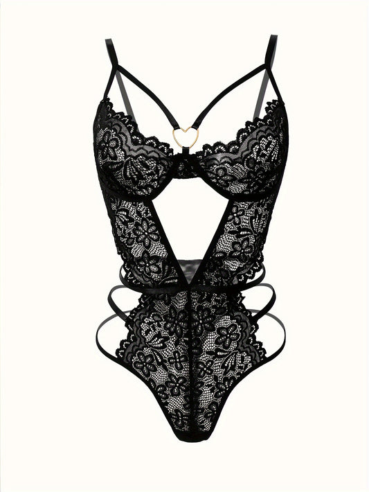 Floral lace teddy with heart cut-out linked back, sexy women's lingerie.