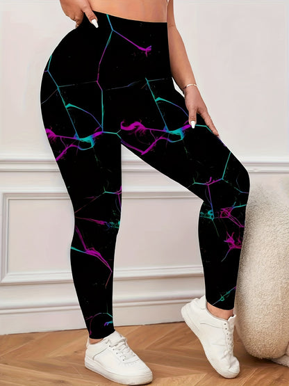 High-waisted floral print leggings for women in plus size. Stretchy, casual, and machine washable. Black with vibrant purple & teal accents. Suitable for all seasons, with a comfortable fit.