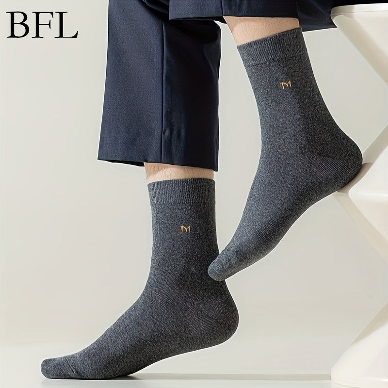 10pcs Men's Business Cotton Blend Crew Socks with Alphabet Pattern, Knit Fabric, Machine Washable, Polyester 15%, Elastane 5%