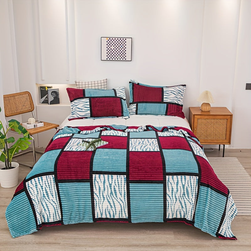 A cozy fleece blanket with whimsical stripes, ideal for snuggling up at work or having a quick snooze.