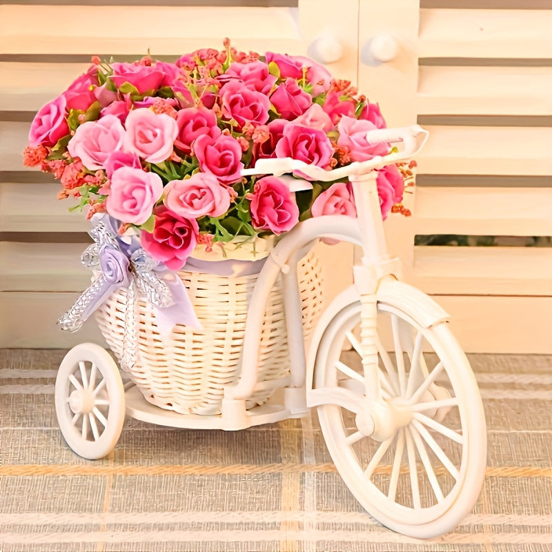 Stylish artificial flower pot on rattan cart for living room decor and supermarket displays.