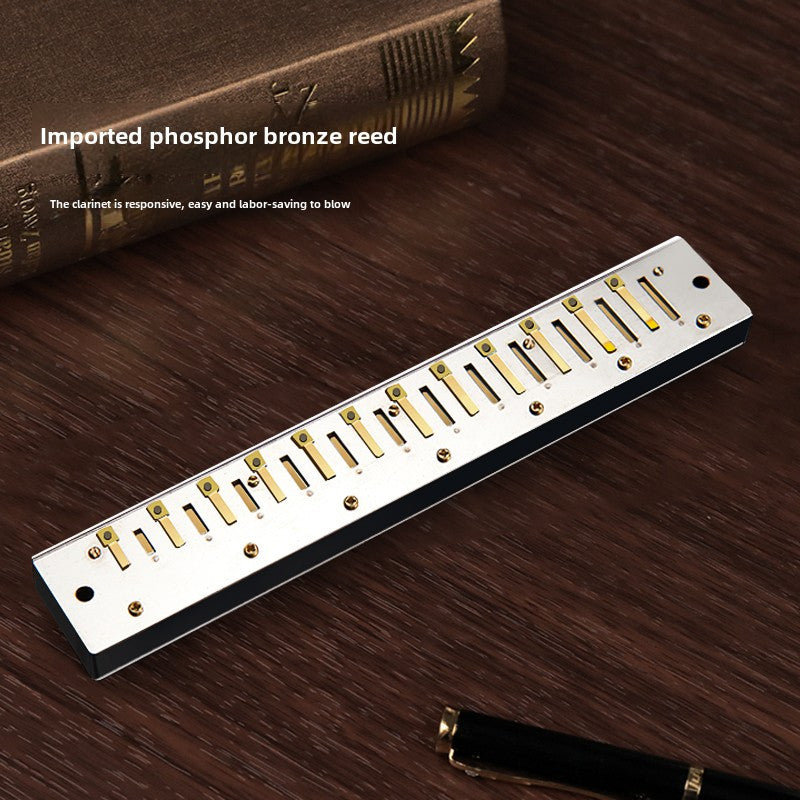 SWAN Harmonica: Beginner & Adult 24/28 Hole Performance-Grade Metal Harmonica, C Scale with Case, White Polished Finish