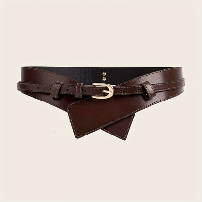 Women's wide waist belt with corset design and golden buckle.