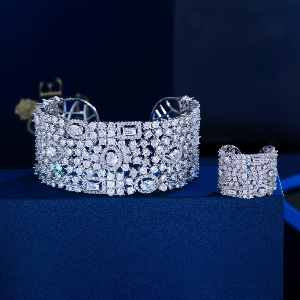 Stunning Zirconia Cuff Bracelet and Ring Set for Women - Perfect for Elegant Bridal Banquets, Wedding Anniversary Parties