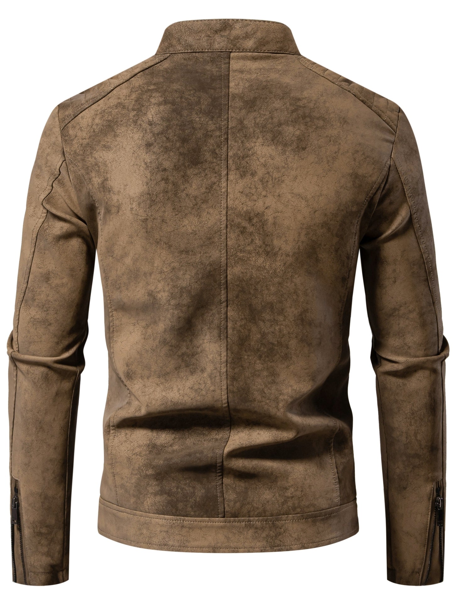 Men's vintage style faux leather jacket with stand collar, zip-up closure, and polyester lining.