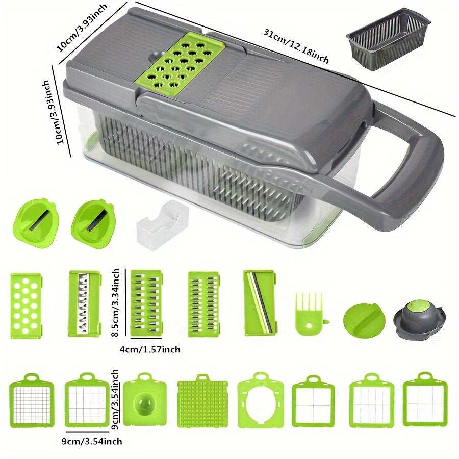 '- Kitchen Set includes 1 Vegetable Chopper, 22in1/15in1 Slicer, Manual Food Grater, and Onion Mincer Cutter
- Multifunctional design for slicing fruits and vegetables easily
- Convenient container for collecting sliced vegetables
- Household essential