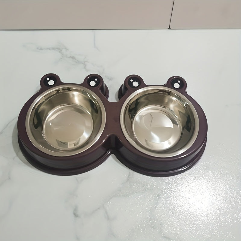 Stainless steel double bowl for small dogs and cats with pet frog design.