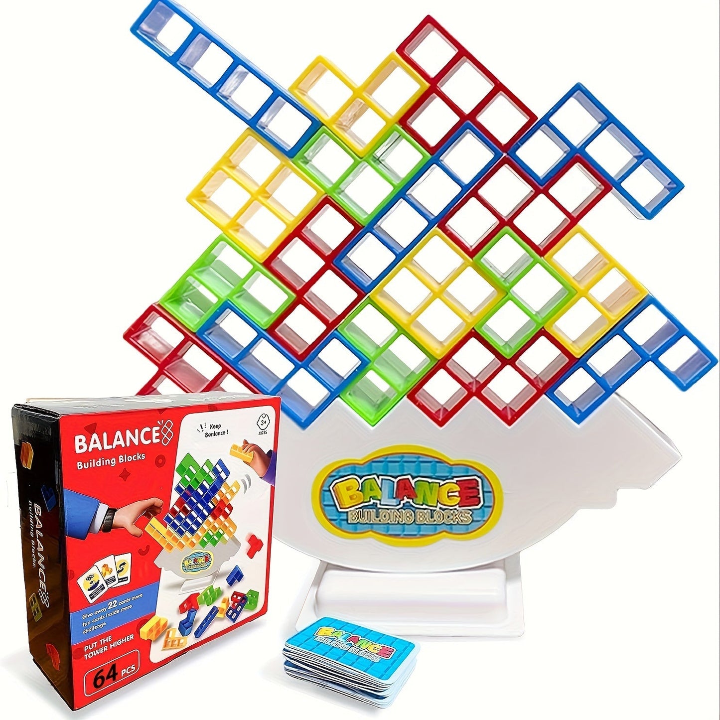 Set of 64 Tetra Balance Tower Game Blocks in Red Plastic - Educational and Fun Party Game for Families, Suitable for Ages 3 and Up. Great for Team Building, Travel, Halloween, and Christmas Gift Ideas