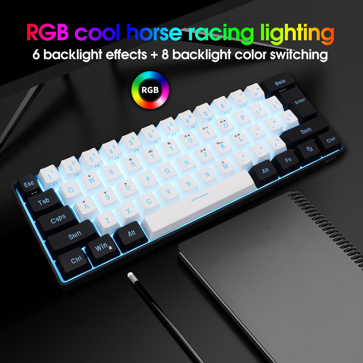 SNPURDIRI 60% Mini RGB Gaming Keyboard with 61 keys, RGB backlight, USB powered. Ideal for PC/Mac gamers, typists, and travel.