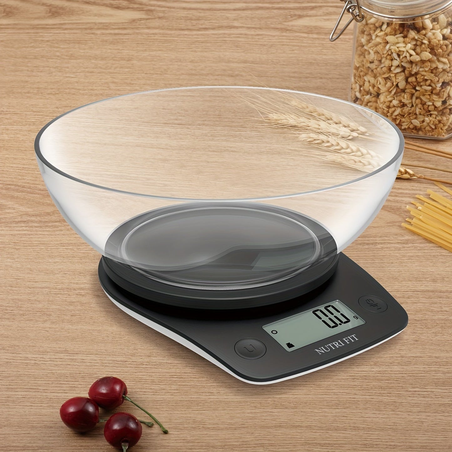 The NUTRI FIT digital kitchen scale offers high precision weighing up to 11lb with 1g accuracy. Ideal for cooking, baking, and weight loss, this scale includes a bowl tare feature and clear LCD display for easy use. It is powered by AAA batteries (not