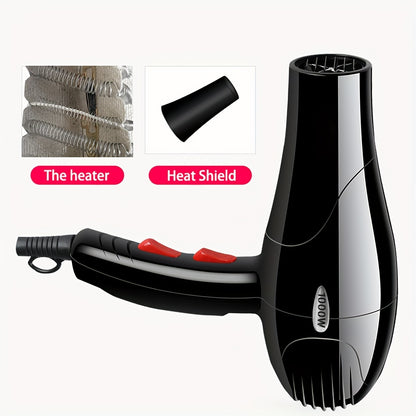 A 1000W hair dryer with a non-foldable handle, European plug, 1.5-3m cord, plastic construction, and nozzle attachment ideal for dorm use.