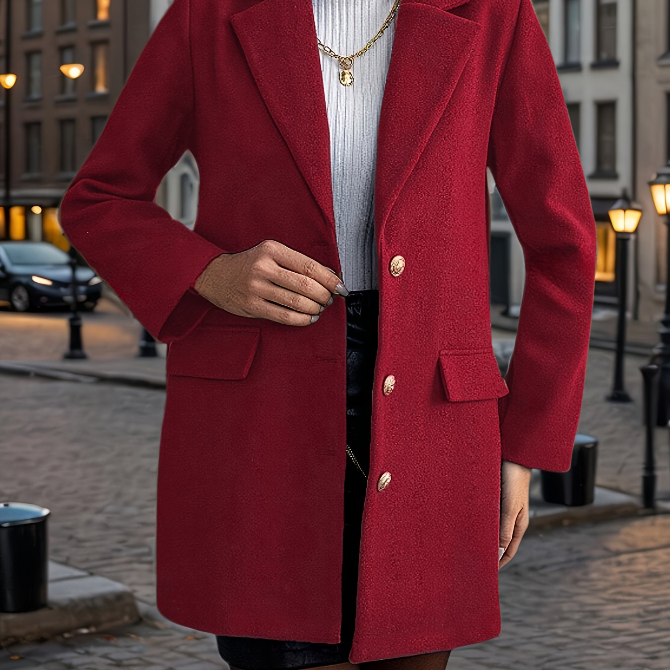 A stylish women's coat with a notched lapel, long sleeves, single-breasted closure, and fake pockets, made of polyester woven fabric for fall/winter outerwear.