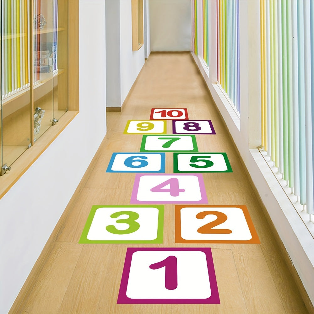 10 pieces of self-adhesive, anti-slip hopscotch game wall and floor stickers made from frosted material.