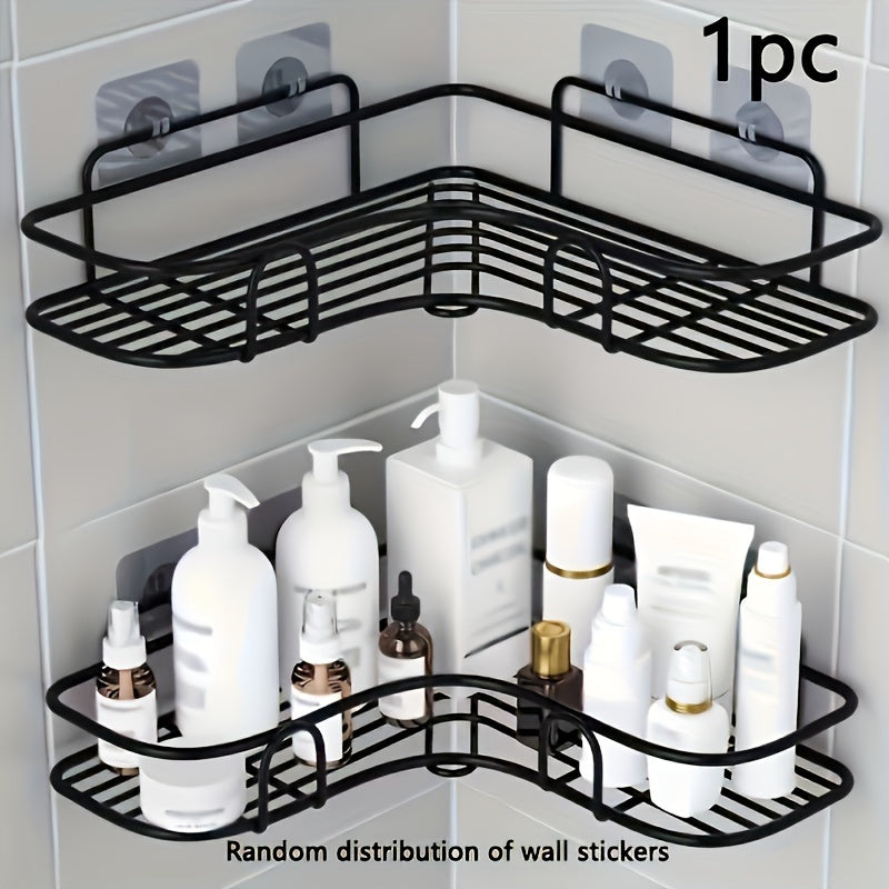 Compact corner shelf for easy installation without drilling, ideal for organizing bathroom and kitchen essentials.