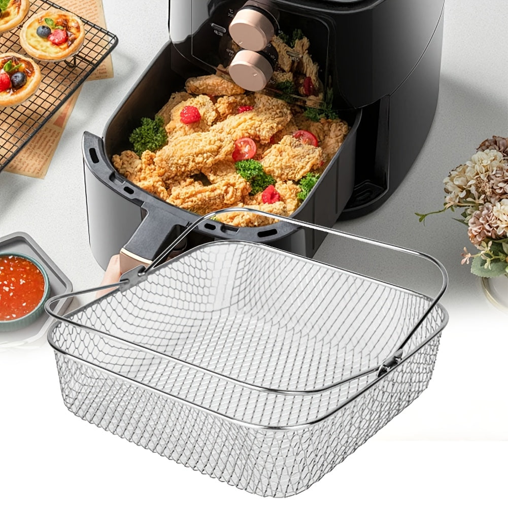 Experience the convenience of the 1-piece URTUE Stainless Steel Air Fryer Basket - square mesh design with a convenient carry handle. This breathable accessory is perfect for air frying and is safe for use in ovens and with food contact. No electricity