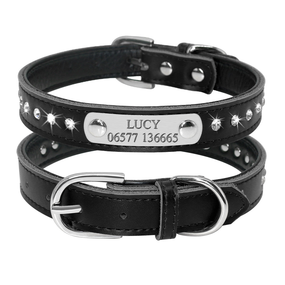 Custom leather pet collar with nameplate, adjustable for small dogs and kittens, free engraving, durable.