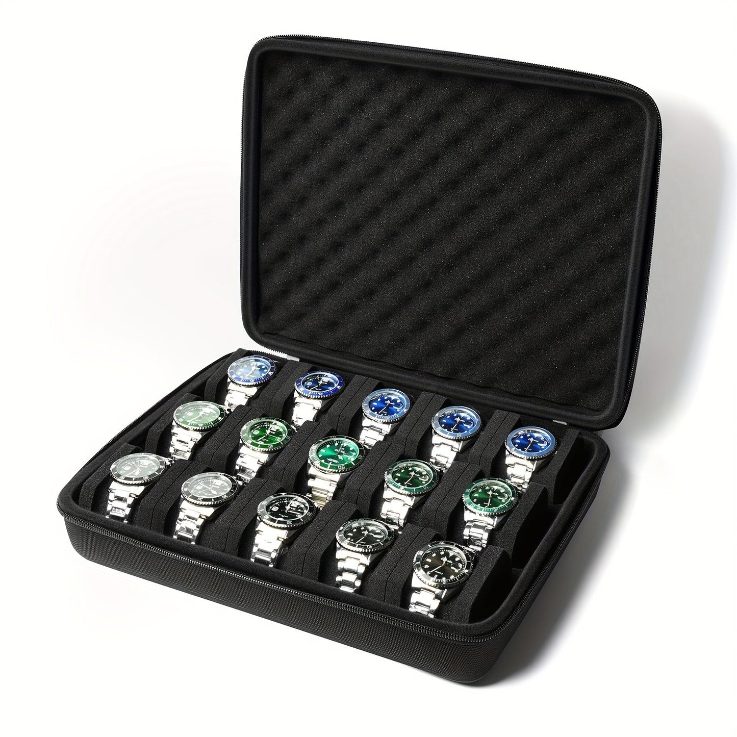 Protect your watches with the Hardshell 15-Slot Watch Storage Organizer Case. This durable case fits both large and small watches, making it perfect for men's and women's watch collections. The soft foam pillow inside prevents your watches from moving