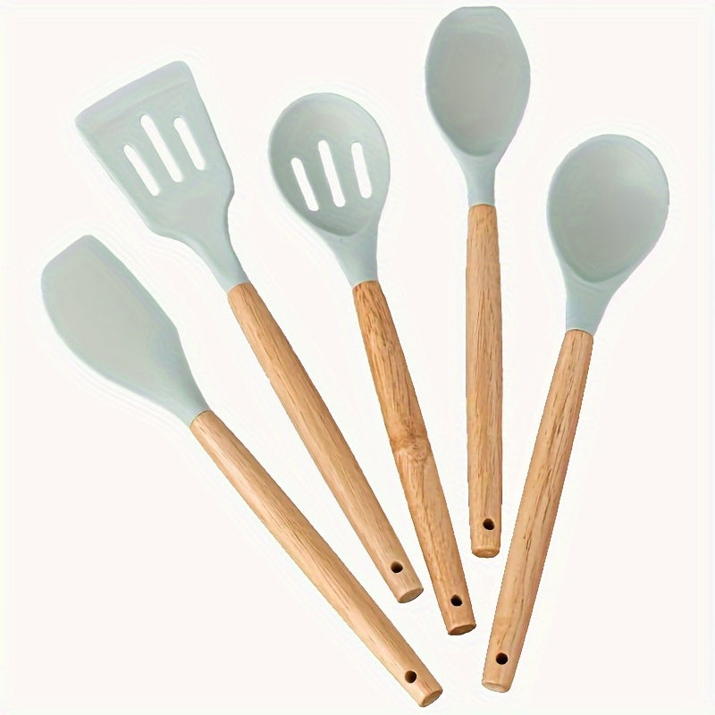 Set of 5 Kitchen Utensils with Non-Stick Coating and Wooden Handles - Ideal for Frying, Grilling, Egg dishes, and Soups