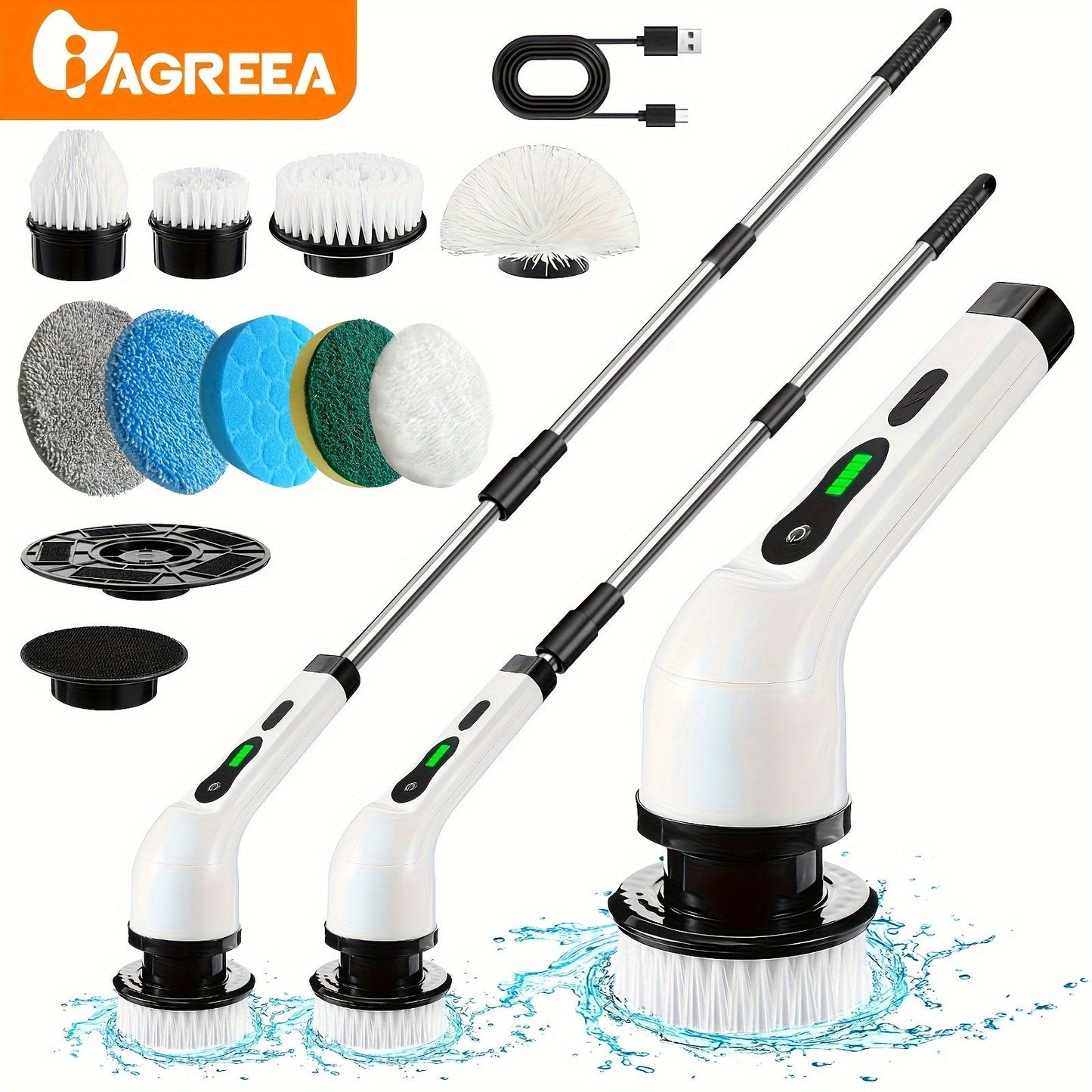 Introducing the IAGREEA Electric Spin Scrubber - a cordless power cleaning brush that comes with 8 replaceable heads and an adjustable extension handle. With medium firmness and USB-C charging capabilities, this scrubber offers 360 rotation for cleaning