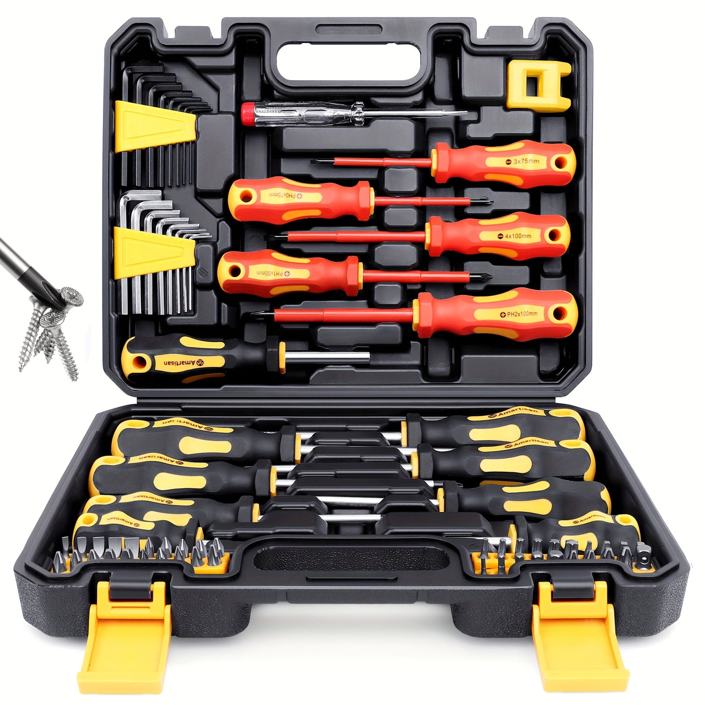 72-piece magnetic screwdriver set with case, includes various bits (Phillips, Flathead, Torx, Star, Hex) made of chrome vanadium steel. No battery required. Suitable for 110V/220V and up to