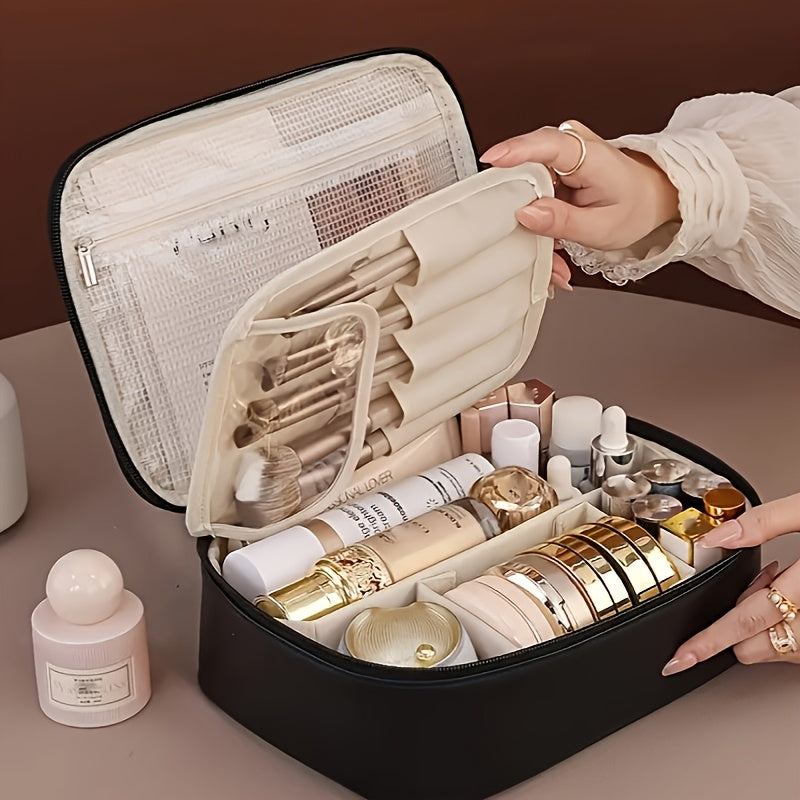 Large capacity detachable cosmetic bag with multiple layers and brush storage, suitable for both men and women.