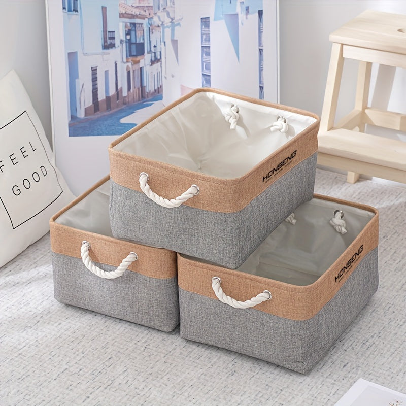 Set of 3 Large Linen Storage Baskets - Stylish Golden Organizers for Clothing, Books, Toys & Supplies - Ideal for Organizing Shelves