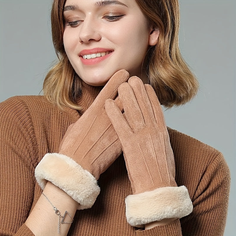 Soft Plush Cuff Suede Gloves in Solid Color with Added Velvet for Extra Warmth - Women's Autumn and Winter Gloves for Wind and Cold Protection