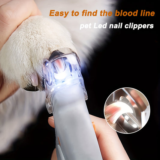 Pet nail grinder with LED light for grooming cat and dog paws.