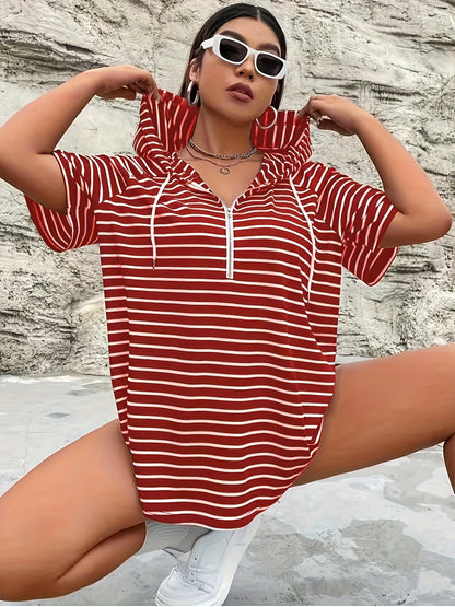 Women's red and white striped hooded T-shirt with zipper, drawstring, and kangaroo pocket. Made of polyester spandex blend knit fabric, relaxed fit for spring/summer collection.