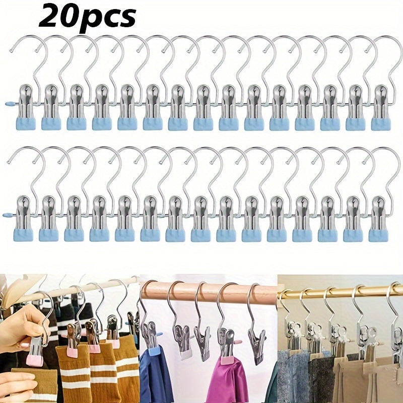 Set of 20 Stainless Steel Multi-Use Clips with Hooks - Versatile Hangers for Laundry, Pants, Hats & Skirts - Swiveling Storage Organizer