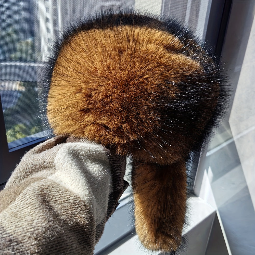 Luxurious Men's faux fur trapper hat with bomber style, fluffy fur trim, Russian ushanka design. Handwash/dry clean, polyester lining for winter comfort.