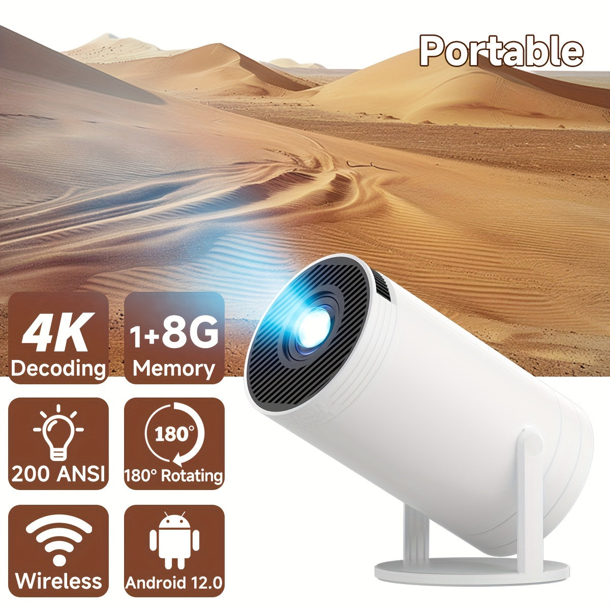 Ultra HD Projector with WiFi casting, 180° rotation, Android TV, portable home theater!