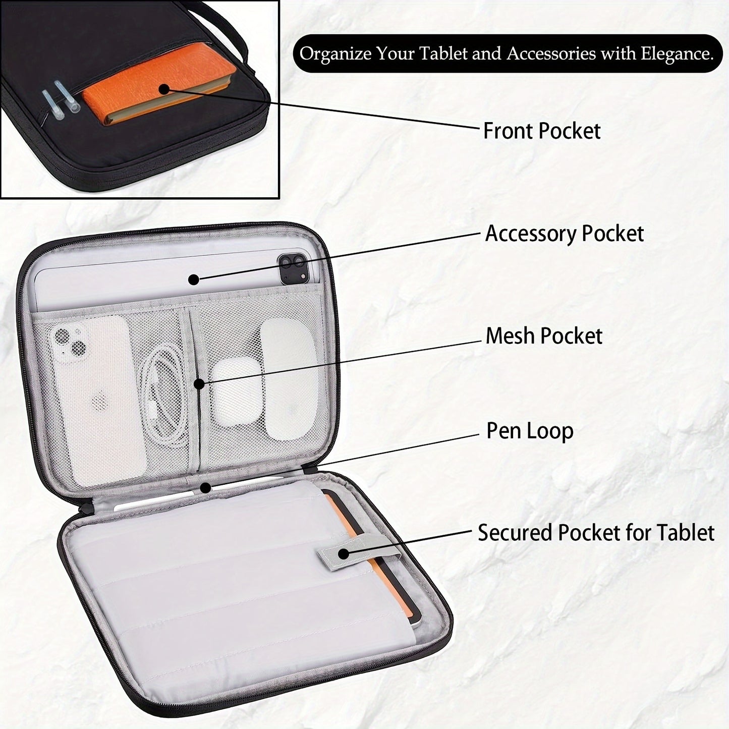 Waterproof tablet sleeve case with handle and front pocket made of durable polyester. Compatible with various tablets such as iPad, Kindle, Samsung Galaxy, and Android tablets. Available in