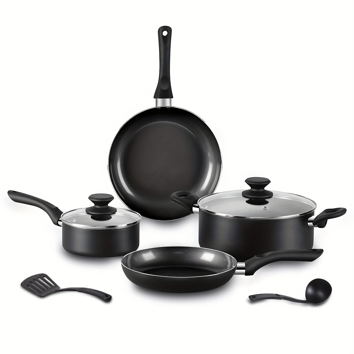 Set of 8 Ceramic Cookware Pieces - Features Stock Pot, Milk Pan, and Frying Pans with Lids - Made of Long-Lasting Black Aluminum for Induction and Gas Stoves