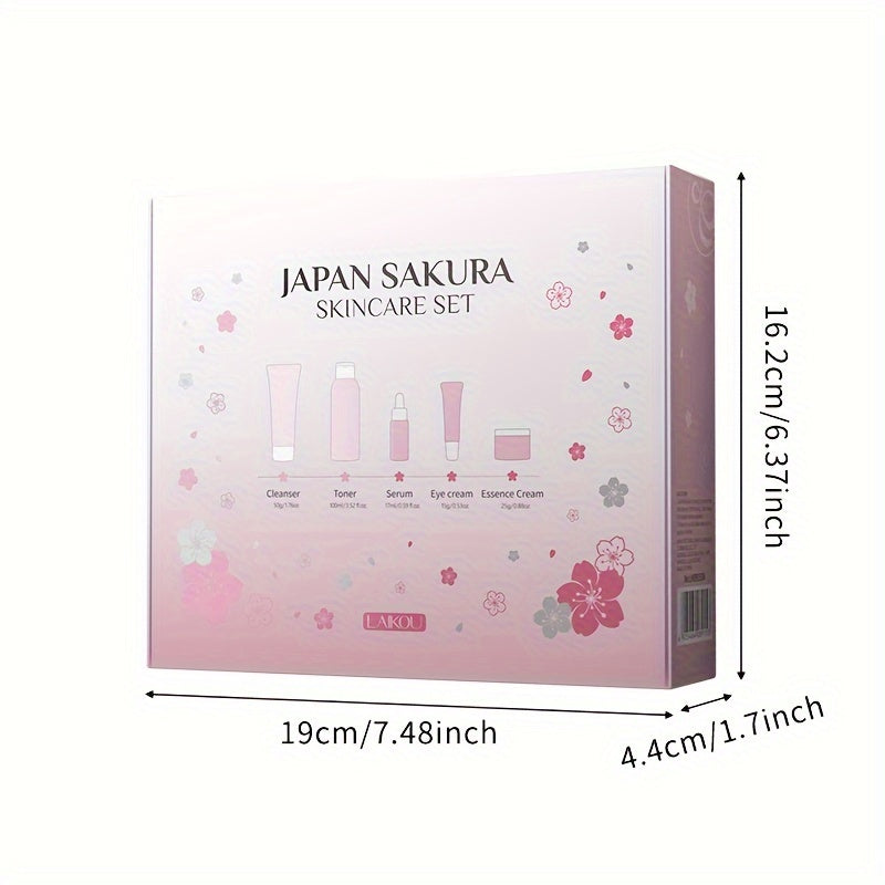 Sakura Skin Gift Set includes serum, cleanser, toner, eye cream, and face cream for daily skincare routine.