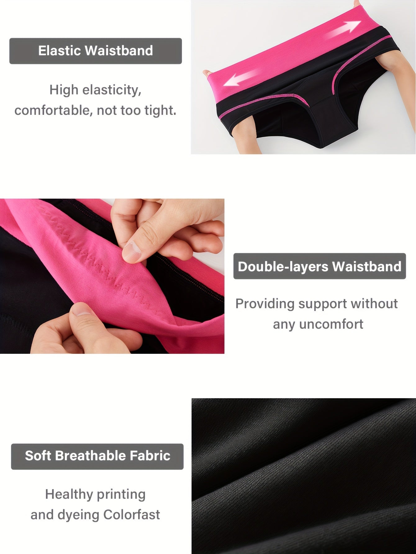 Triple-layer leakproof panties with wide waistband for women.