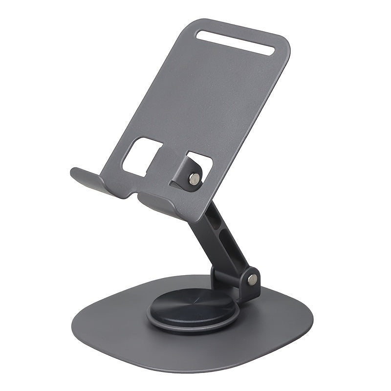 Metal phone holder rotates 360 degrees for all smartphones and tablets, compact, foldable, and portable for easy use in the office.