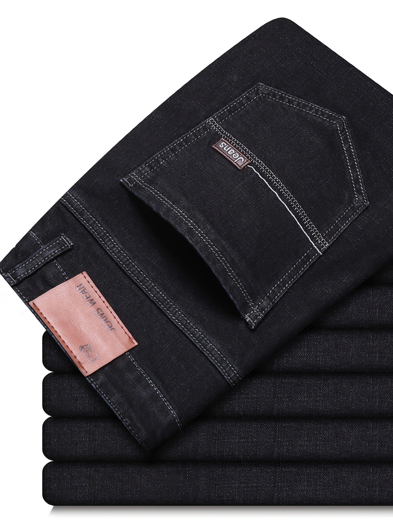 Straight leg denim jeans with classic design, slightly stretchy for versatility in business and leisure wear.