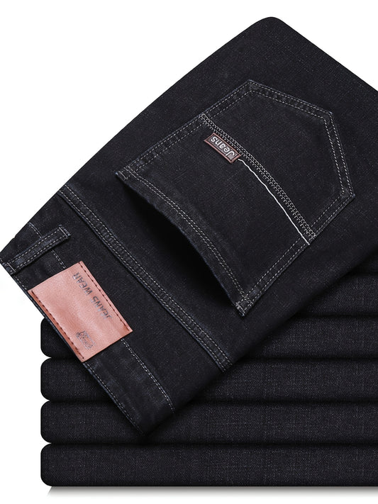 Straight leg denim jeans with classic design, slightly stretchy for versatility in business and leisure wear.