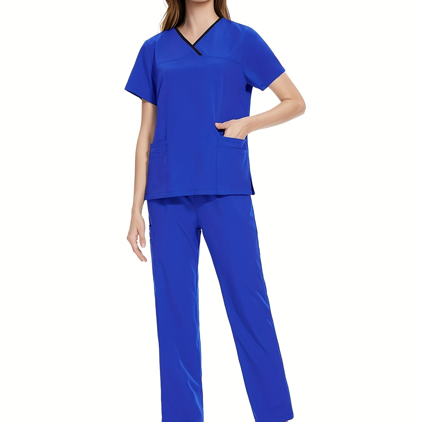 Stylish Polyester and Spandex Medical Scrubs Set with Pocket, V-Neck, and Casual Style