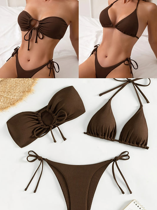 Off-shoulder bikini set with lace-up detail. Made of 95% polyester and 5% elastane. Medium stretch, solid color.