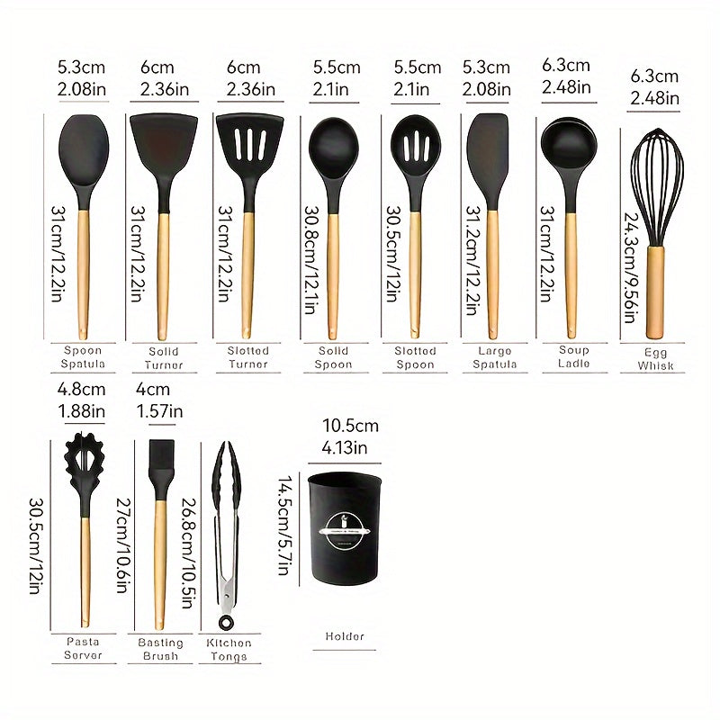 Set of 12 silicone kitchenware pieces - featuring non-stick, food-grade cooking tools such as shovels, spoons, and spatulas. Ideal for both vacation and everyday kitchen use. Great for Christmas and Thanksgiving celebrations.