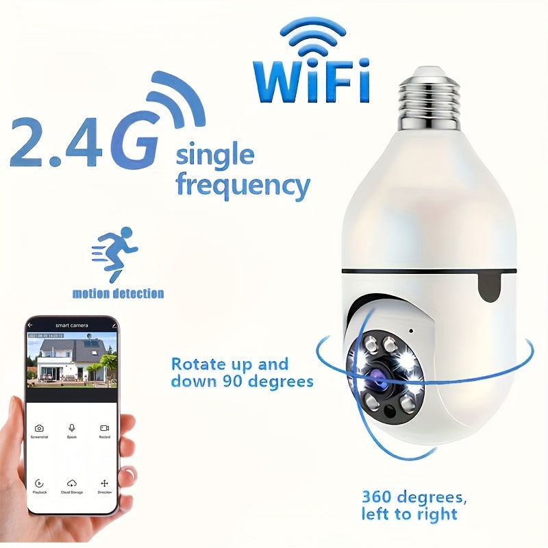 Wireless Security Camera Light Bulb with Smart Features: Suitable for Indoor and Outdoor Use, Equipped with 2-Way Audio, Motion Detection, Alarm Alerts, and Pet Monitoring Capability.