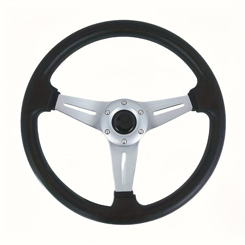 Purple 14-inch steering wheel with aluminum frame for cars, golf carts, and sightseeing vehicles. Stylish, durable, comfortable grip.