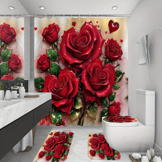 Valentine's Day bathroom set with red rose shower curtain, 12 hooks, non-slip bath rug, U-shape mat, and toilet lid cover pad.