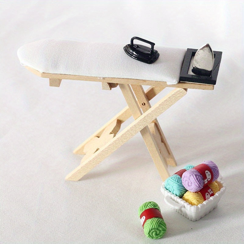 Handmade 1/12 Scale Miniature Ironing Board with Iron Set - Crafted from Wood and Metal, Enhanced with Resin and Manufactured Wood Accents - Great for Dollhouse Kitchen and Living Room Decor, Excellent Gift for Holidays and Special Occasions.