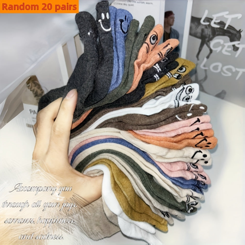 10 pairs of cute face embroidered low cut ankle socks for women, casual and breathable.